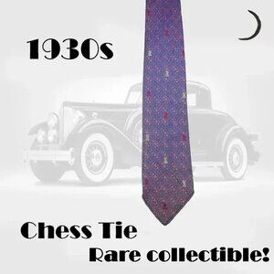 RARE Thin Necktie 30s Collectible Chess Tie with Metallic Gold Rooks Slim Narrow